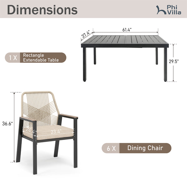 Mirage 7/9-Piece Patio Dining Set with Stylish Rattan Rope Chairs and Expandable Table-Phi Villa