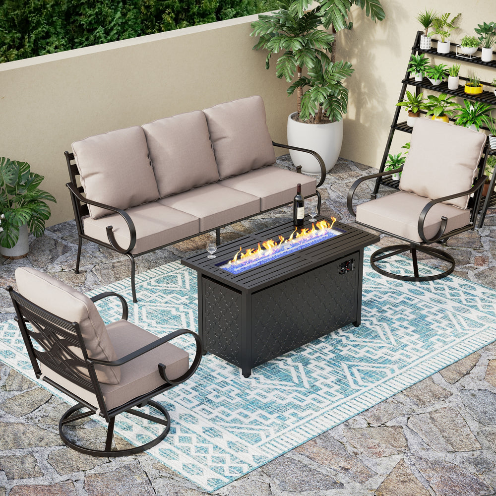 5-Seater Patio Metal Vines Sofa with Fire Pit Table