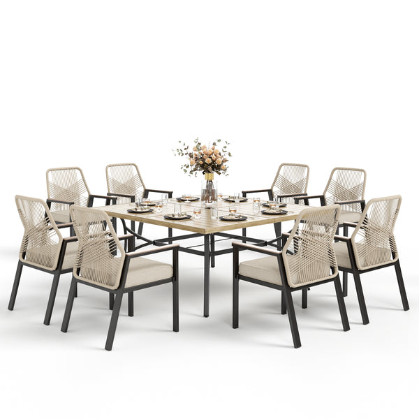 Phi Villa Mirage 9-Pcs Patio Dining Set with Farmhouse Enlarged Square Table