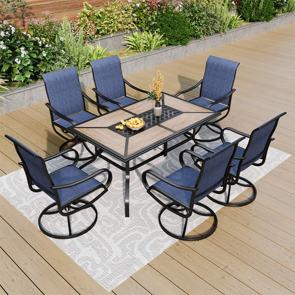 7-Piece Patio Dining Set Patch Wood-grain Table and Textilene Swivel Chairs Phi Villa