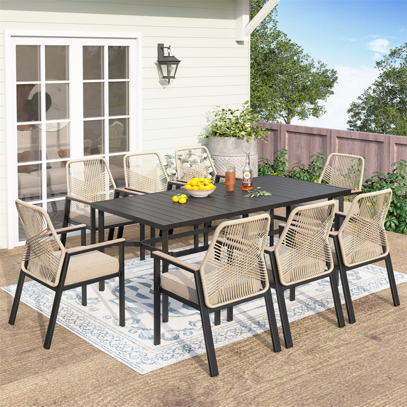 9-Piece Patio Dining Set with Stylish Rattan Rope Chairs and Long Table for 8-Phi Villa