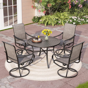 PHI VILLA 5-Piece Patio Dining Set Padded Textilene Swivel Chairs & Slat Steel Round Table