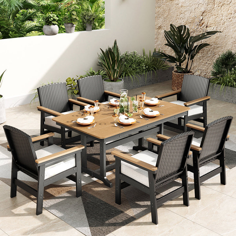 7-Pcs Outdoor Dining set with HDPE Rattan Chair and Wood-like Table
