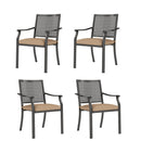 Four outdoor chairs with woven backrests and beige cushions on a white background