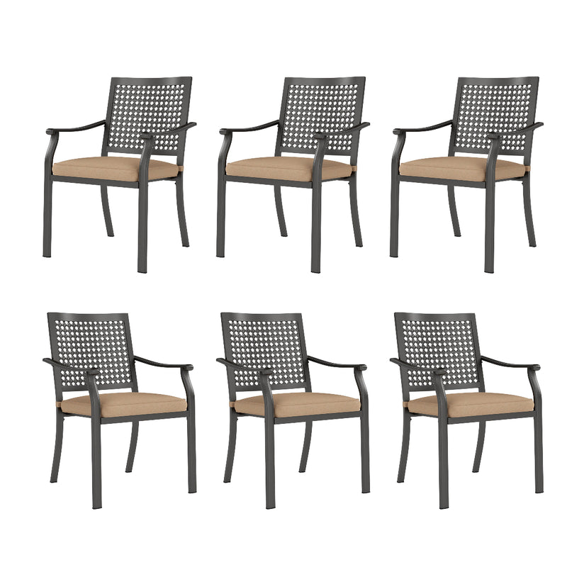 Set of six outdoor chairs with woven backrests and beige cushions on a white background