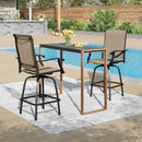 Phi Villa 3-Pcs Patio High Bar Set-Textilene Swivel Stools & Sea Stone Tabletop Design