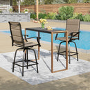 Phi Villa 3-Pcs Patio High Bar Set-Textilene Swivel Stools & Sea Stone Tabletop Design