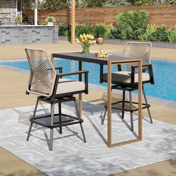 Phi Villa 3-Pcs Patio High Bar Set-Mirage Rope-art Stools & Sea Stone Tabletop Design