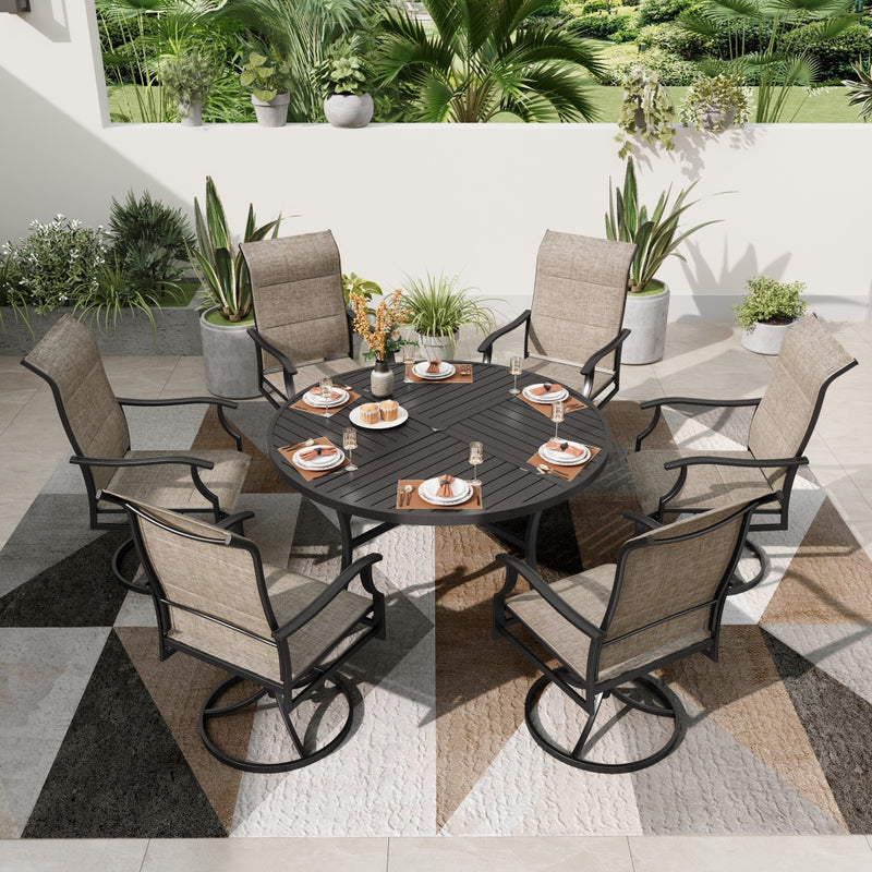 6-Seat Outdoor Dining Set with Round Table Highback Textilene Swivel Chairs-Phi Villa