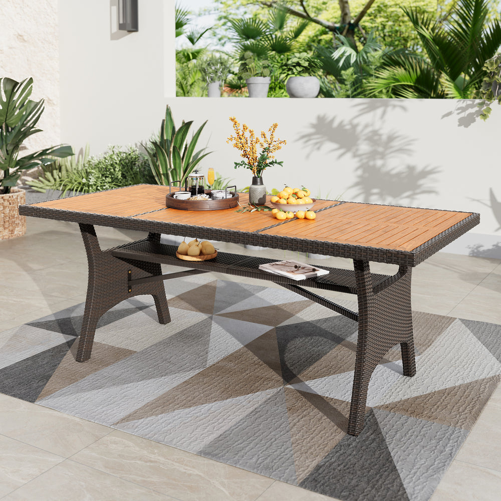 Phi Villa Rustic Wood-Rattan Dining Table for Outdoor