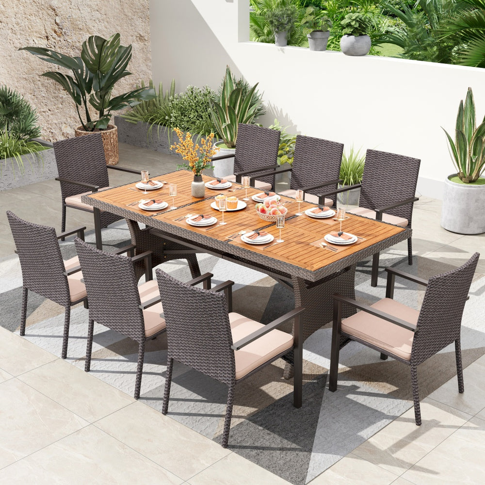 Phi Villa Rustic Wood-Rattan Dining Set for Outdoor