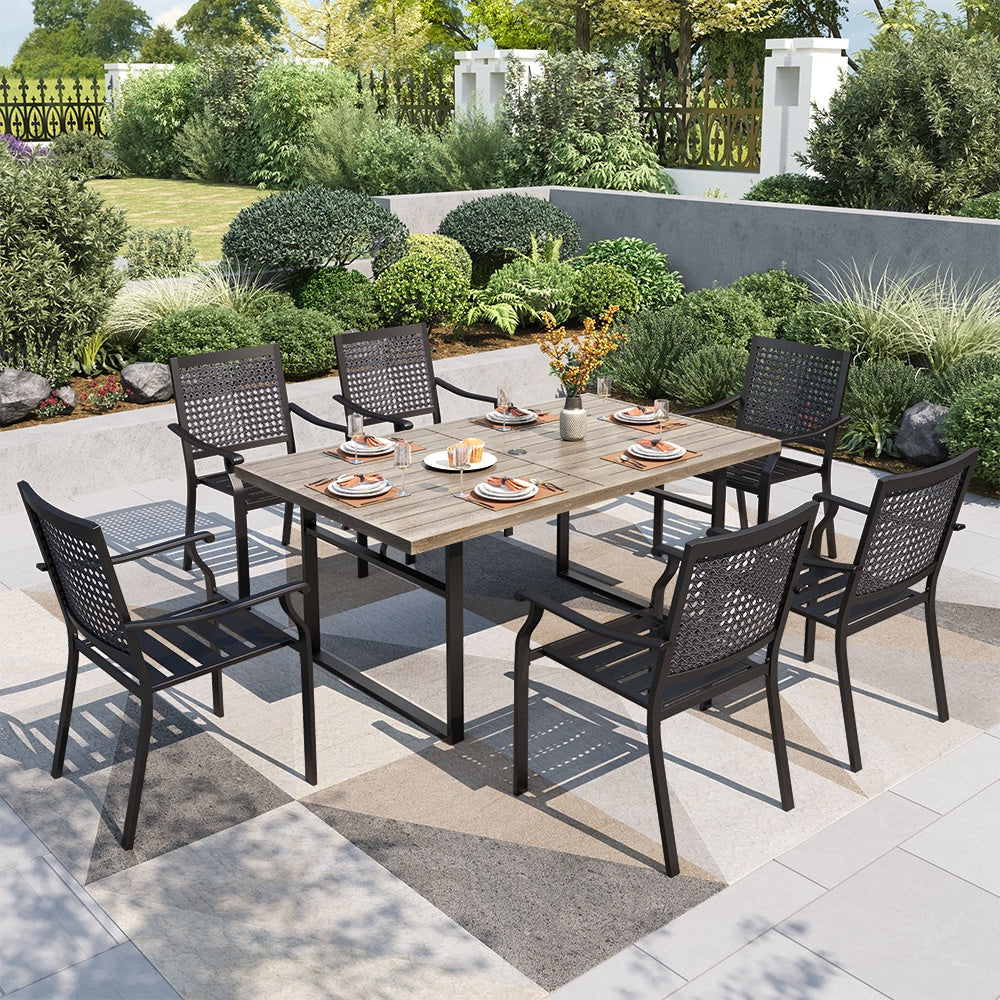 Phi Villa 7-Piece Patio Dining Set 6 Fixed Stackable Chairs & Farmhouse Style Table