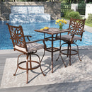 Phi Villa 3-Piece Cast Aluminum Square Table & 2 Patio High Swivel Bistro Bar Stools Chairs Set