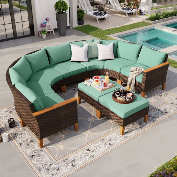 Phi Villa 9-Seater Patio Wicker Sofa With Multi-functional Ottomans