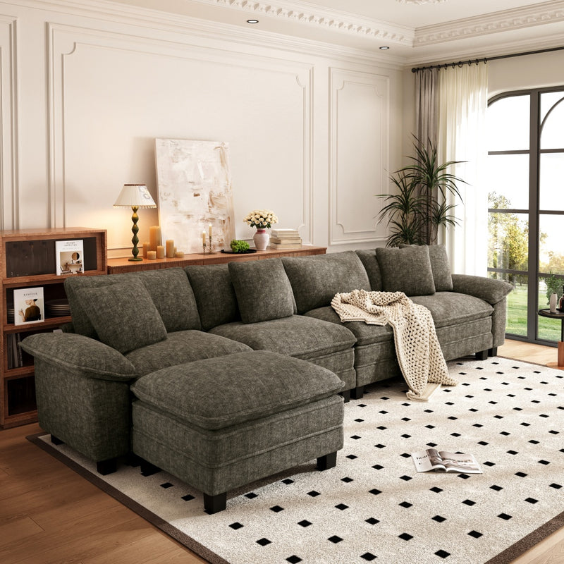 Chenille Living Room Sofa Couch Cloud-like Modular Sectional with Ottoman