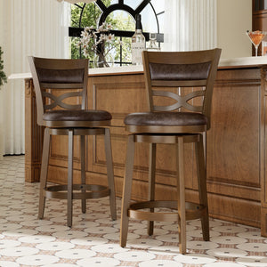 Harrison Rustic Wood Bar Stool with Unique X-Shaped Upholstered Back for Kitchen