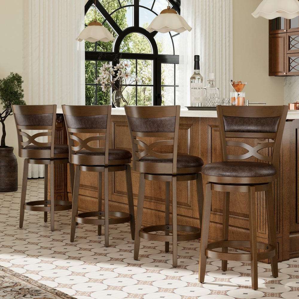 Rustic Wood Bar Stool with Unique X-Shaped Upholstered Back for Kitchen