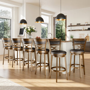 Harrison Rustic Wood Bar Stool with Unique X-Shaped Upholstered Back for Kitchen