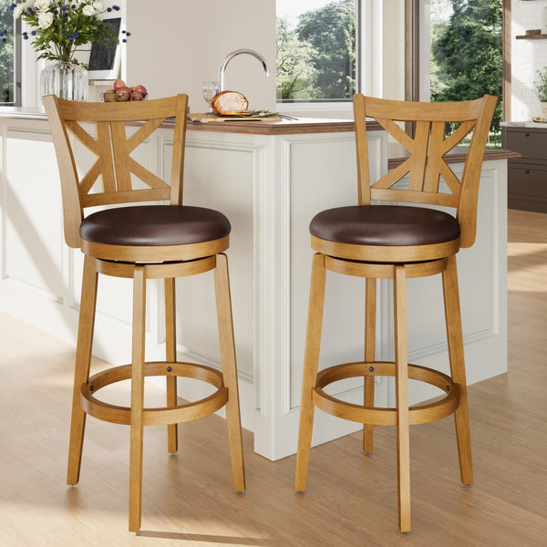 360° Swivel Farmhouse Wood Bar Stools with Patented K-Shaped Back