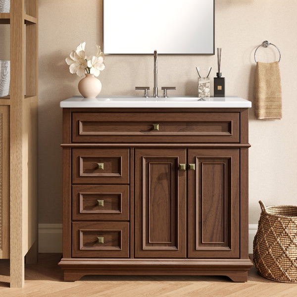 36 inch Single Sink Solid Wood Bathroom Vanity with Integrated Ceramic Basin