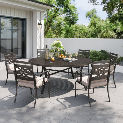 7-Piece Round Table Patio Dining Set of Steel Fixed Chairs with Cushion and Pillow-Phi Villa