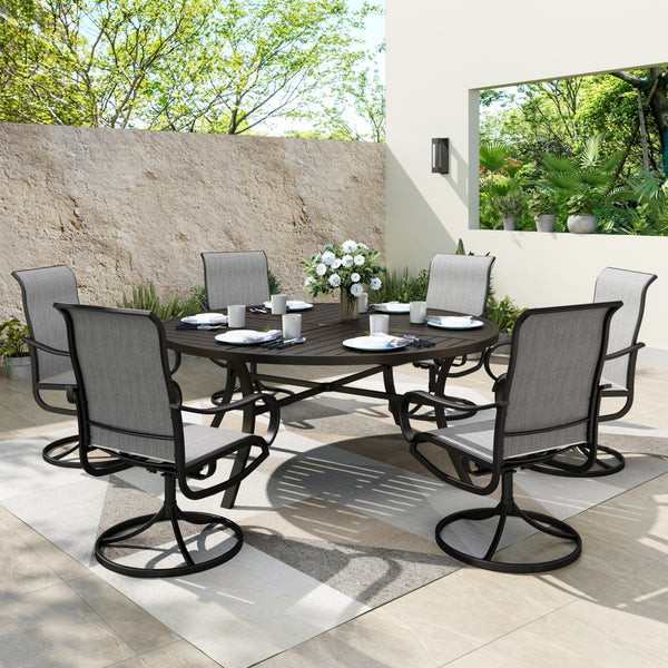 7-Pcs Outdoor Dining Set with Round Table and Textilene Swivel Chairs-Phi Villa