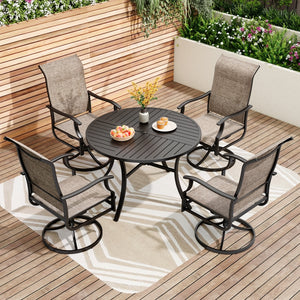 6-Seat Outdoor Dining Set with Round Table & Highback Textilene Swivel Chairs-Phi Villa