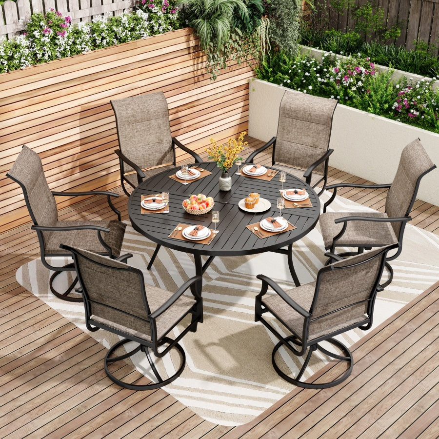 6-Seat Outdoor Dining Set with Round Table & Highback Textilene Swivel Chairs-Phi Villa