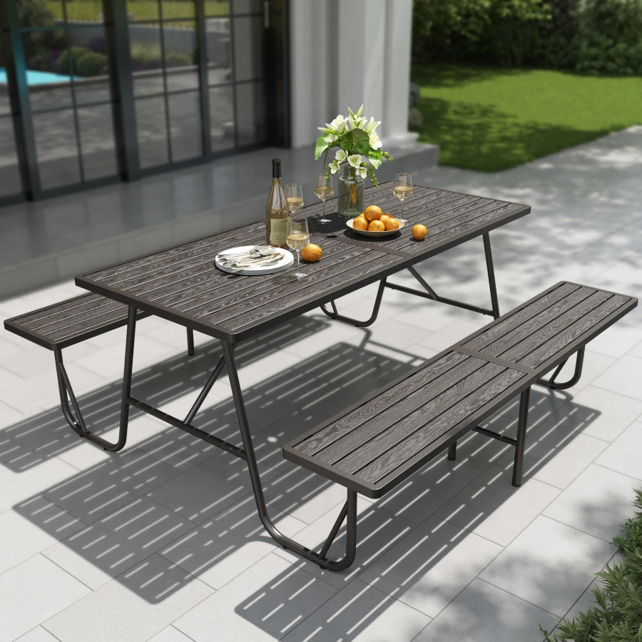 All-Weather Outdoor Picnic Table Set with 2 Benches, Wood-Grain Slat Top
