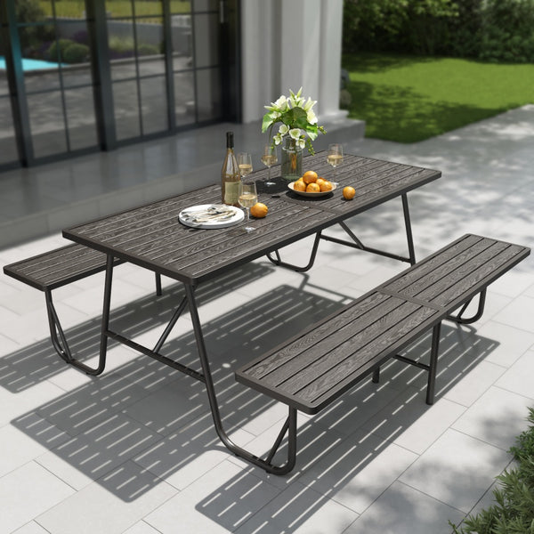 All-Weather Outdoor Picnic Table Set with 2 Benches, Wood-Grain Slat Top