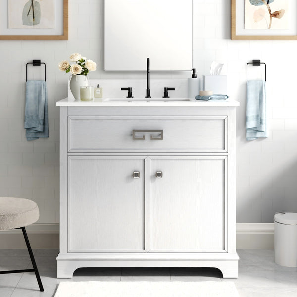 36 Inch White Bathroom Vanity with Sink and Marble Countertop