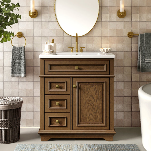 30 inch Traditional Single Sink Bathroom Vanity with Solid Wood Cabinet & Ceramic Basin