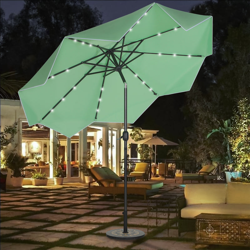 PHI VILLA 9/10ft Crank Open Patio Umbrella With 24 LED Lights & Ruffles