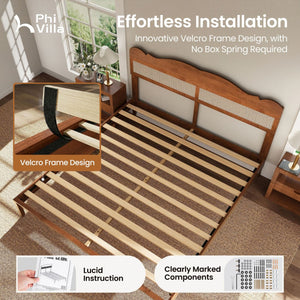 Phi Villa Classic Style Wooden Bed Frame with Rattan Headboard