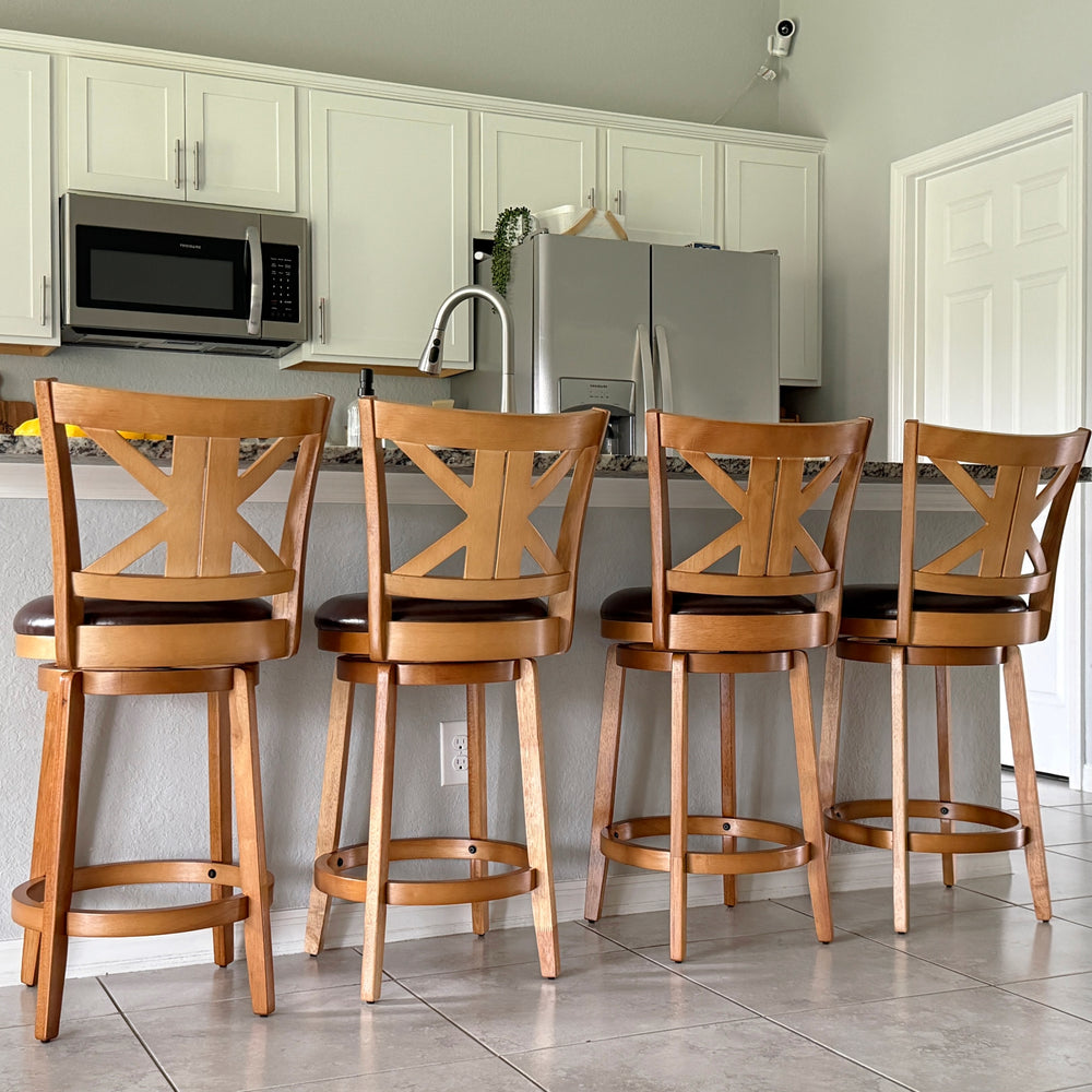 Harrison 360° Swivel Farmhouse Wood Bar Stools with Patented K-Shaped Back