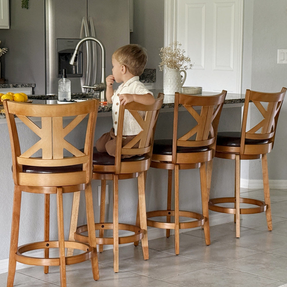 Harrison 360° Swivel Farmhouse Wood Bar Stools with Patented K-Shaped Back