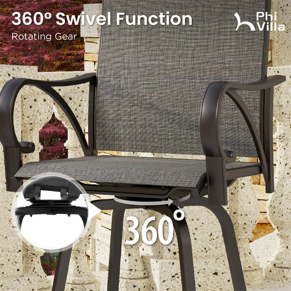 Phi Villa 3-Pcs Patio High Bar Set-Gray Textilene Swivel Stools & Sea Stone Tabletop Design