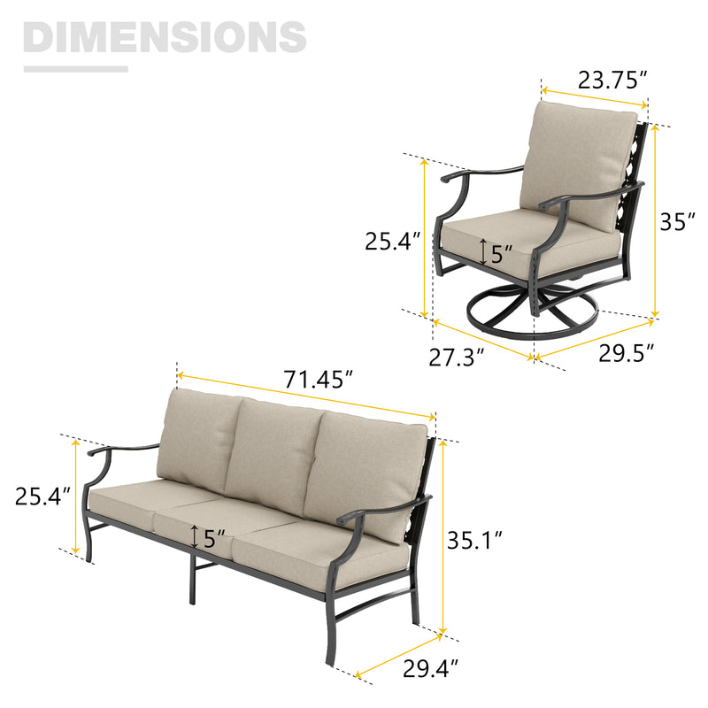 Phi Villa 5-Seat Outdoor Steel Conversation Sofa Set With Leather Grain Fire Pit Table