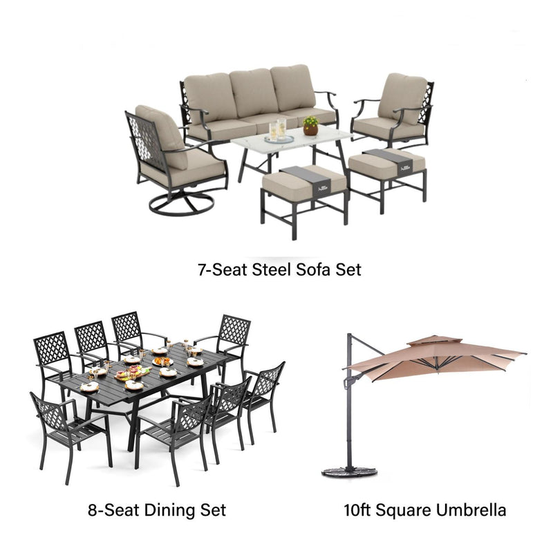 Phi Villa 15-Person Outdoor Patio Furniture Combination Set with Sofa Set, Steel Dining Set, and Umbrella