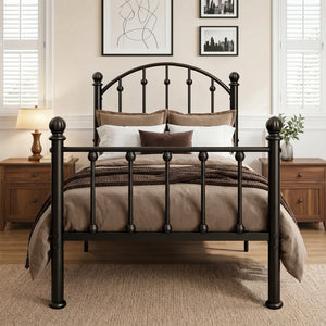 Arched Metal Bed Frame with Unique Bud Finials, High Headboard  & Under-Bed Storage