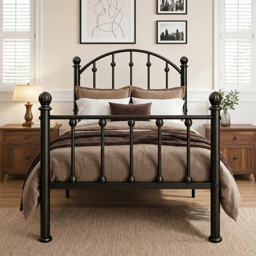 Arched Metal Bed Frame with Unique Bud Finials, High Headboard  & Under-Bed Storage