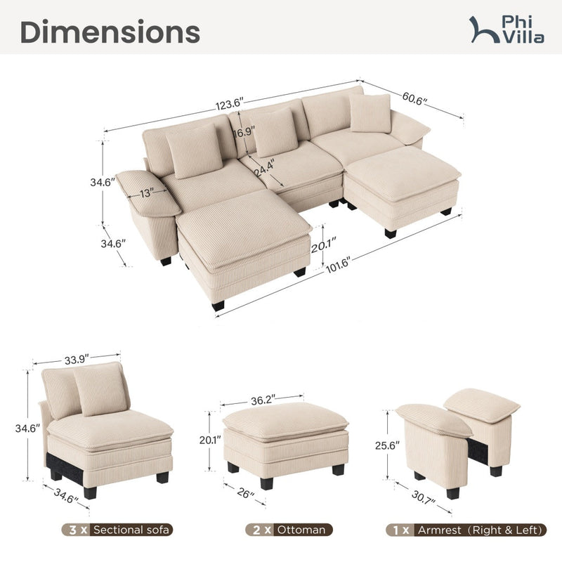 Phi Villa Large Living Room Sofa Couch Corduroy