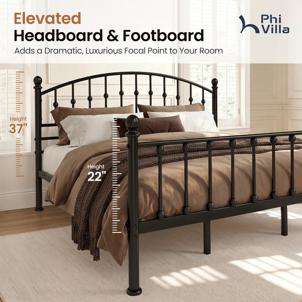 Arched Metal Bed Frame with Unique Bud Finials, High Headboard  & Under-Bed Storage