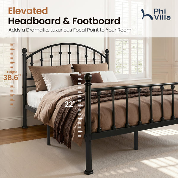 Arched Metal Bed Frame with Unique Bud Finials, High Headboard  & Under-Bed Storage