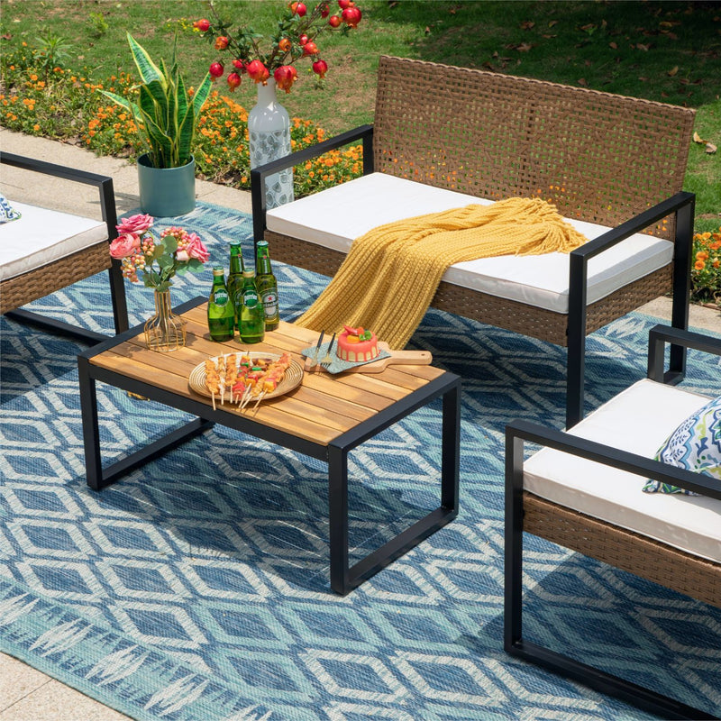 PHI VILLA 4-Piece Patio Conversation Set - Wicker Chairs and Acacia Wood Coffee Table - Modern and Stylish