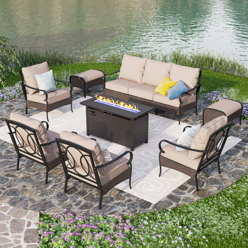 Phi Villa 9-Seat Outdoor Steel & Rattan Conversation Sofa Set With Leather Grain Fire Pit Table