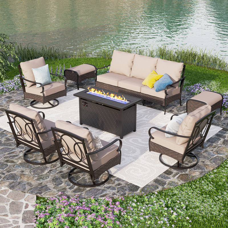 Phi Villa 9-Seat Outdoor Steel & Rattan Conversation Sofa Set With Leather Grain Fire Pit Table