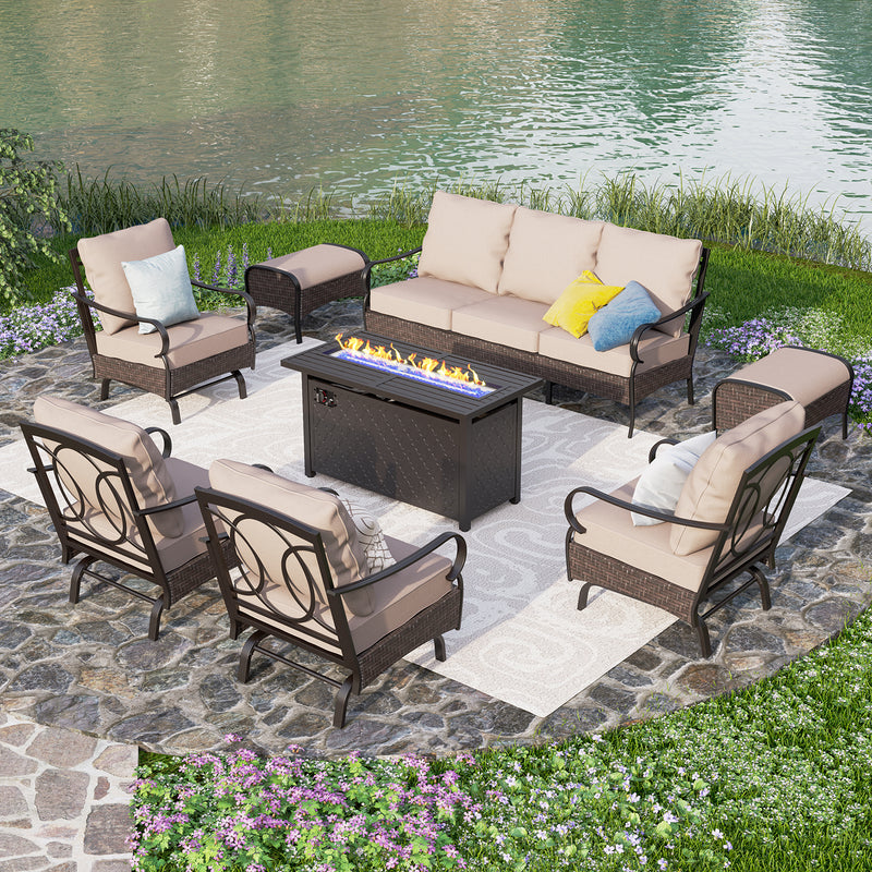 Phi Villa 9-Seat Outdoor Steel & Rattan Conversation Sofa Set With Leather Grain Fire Pit Table