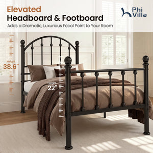 Arched Metal Bed Frame with Unique Bud Finials, High Headboard  & Under-Bed Storage