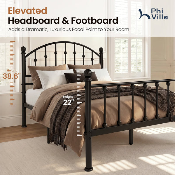 Arched Metal Bed Frame with Unique Bud Finials, High Headboard  & Under-Bed Storage